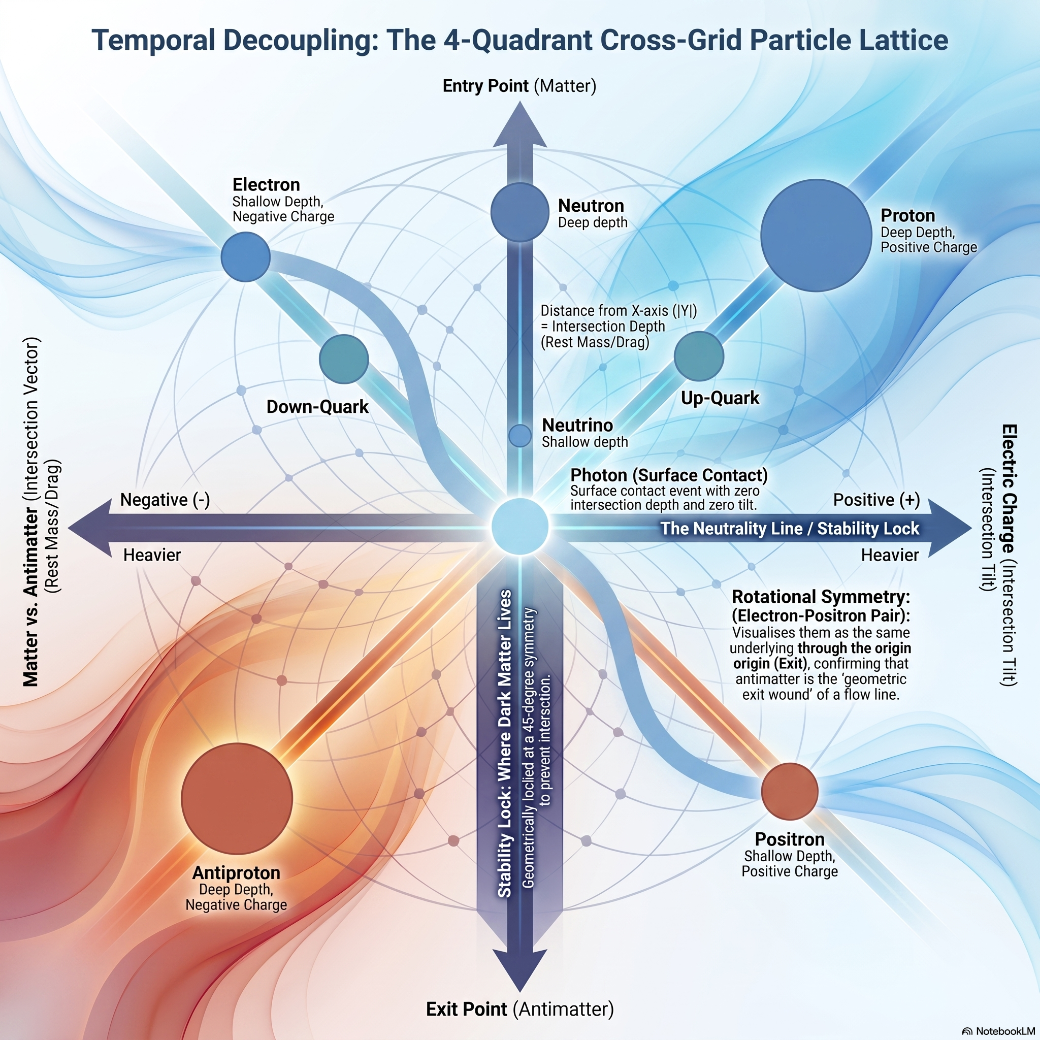 Hydrodynamic Particle Map: Dual-dial topology showing intersection depth (mass) and tilt (charge)